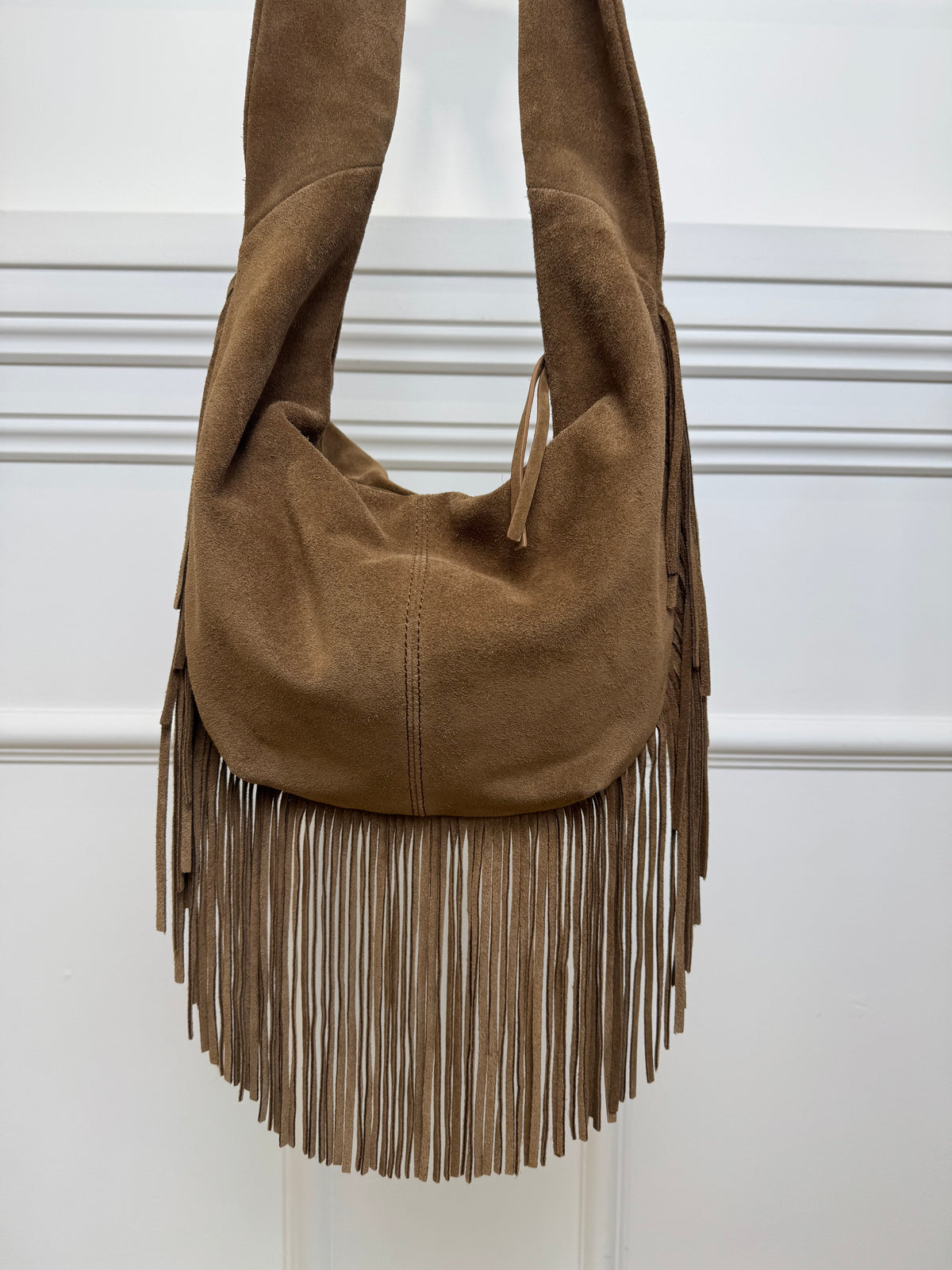 Maje Brown Suede Fringed Crossbody Bag