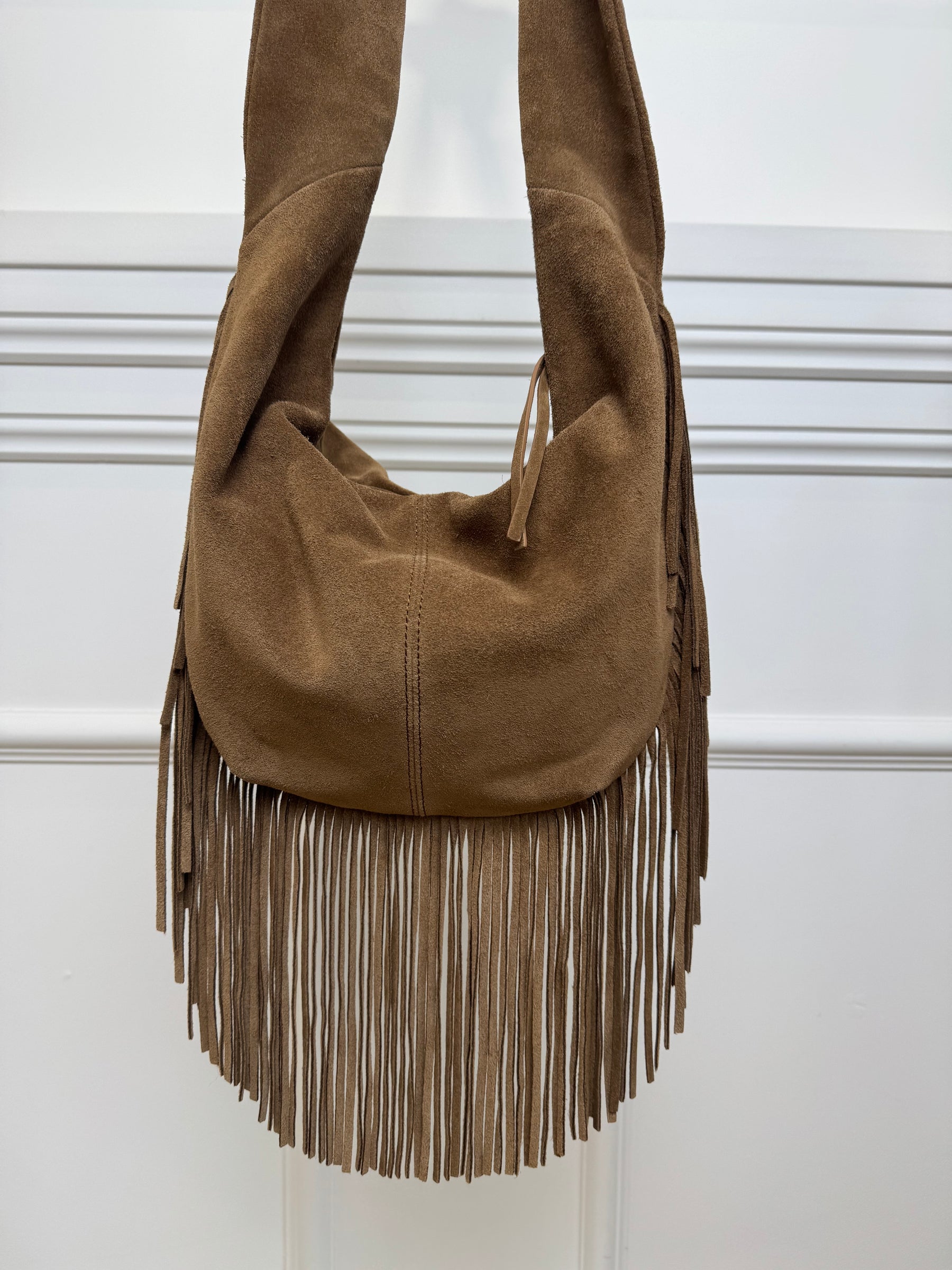Maje Brown Suede Fringed Crossbody Bag