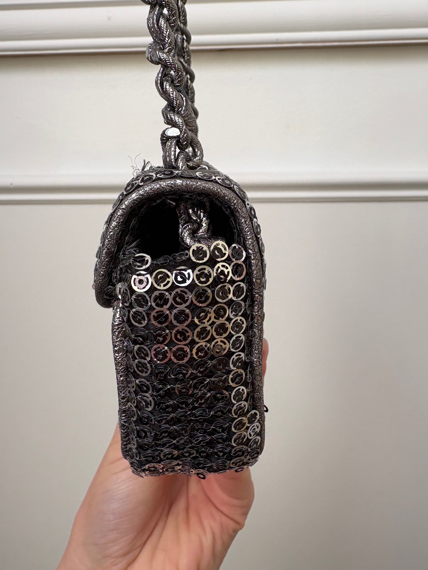 Chanel Pewter and Silver Hidden Sequin Micro Flap bag