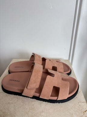 Hermès Pale Pink Suede Chypre Slides, 38.5