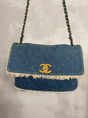 Chanel Blue Denim Cream Fringed Bag