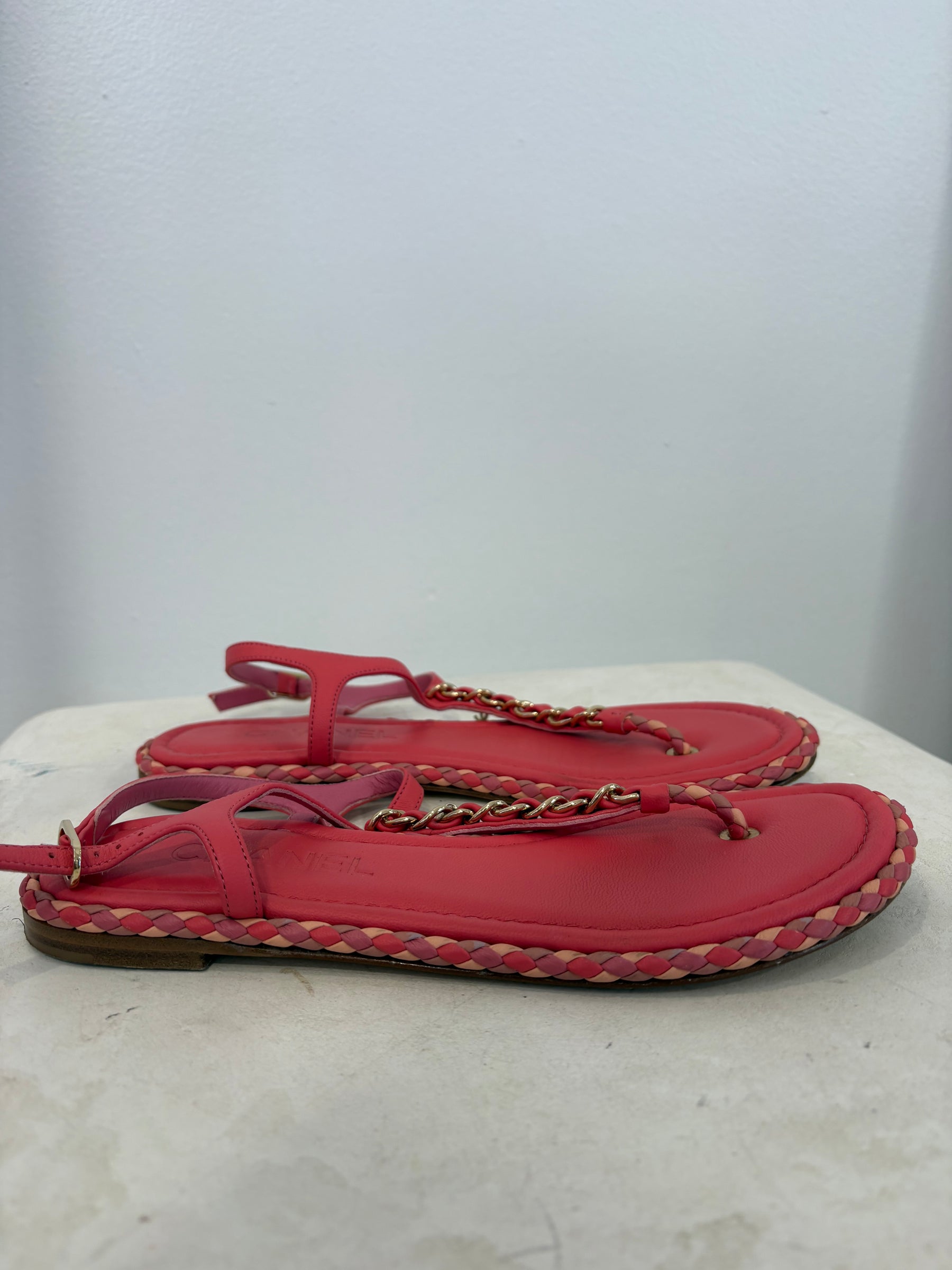 Chanel Pink Leather Chain T Bar Sandals, 37C