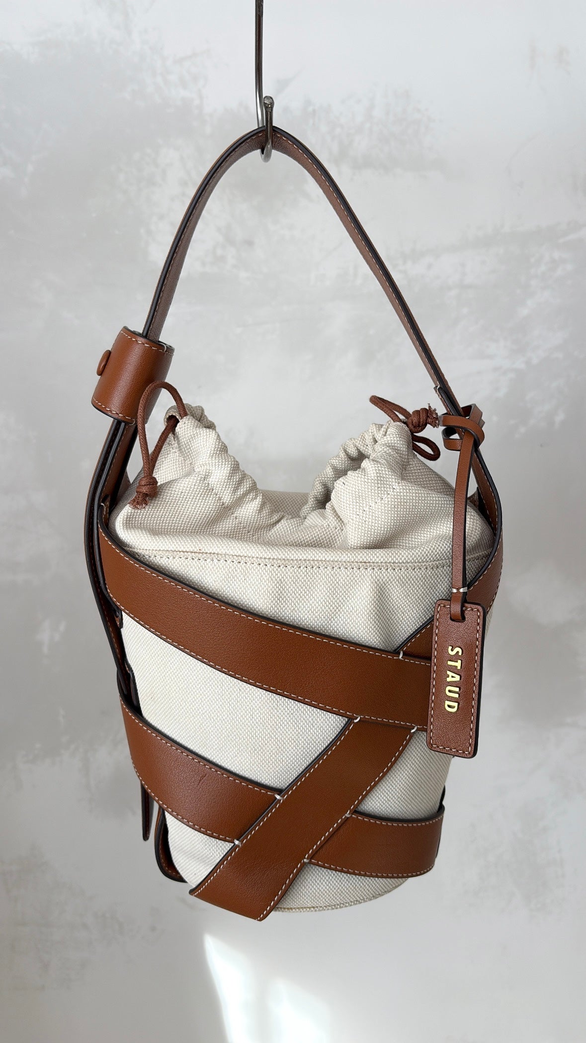 STAUD Tan Leather and Canvas Bucket Bag