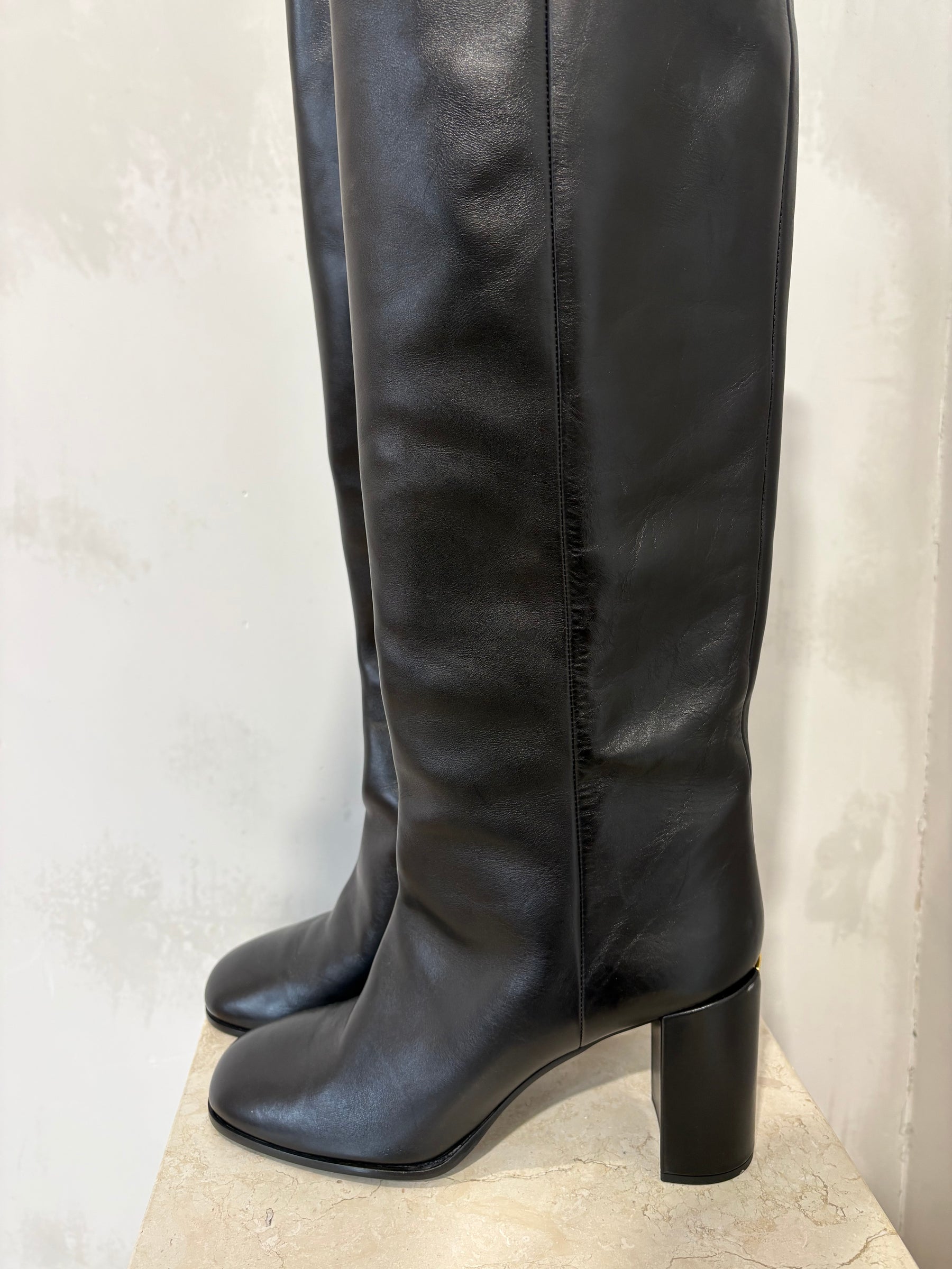 Prada Knee High Block Heal Boots Black Leather, 41