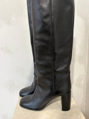 Prada Knee High Block Heal Boots Black Leather, 41