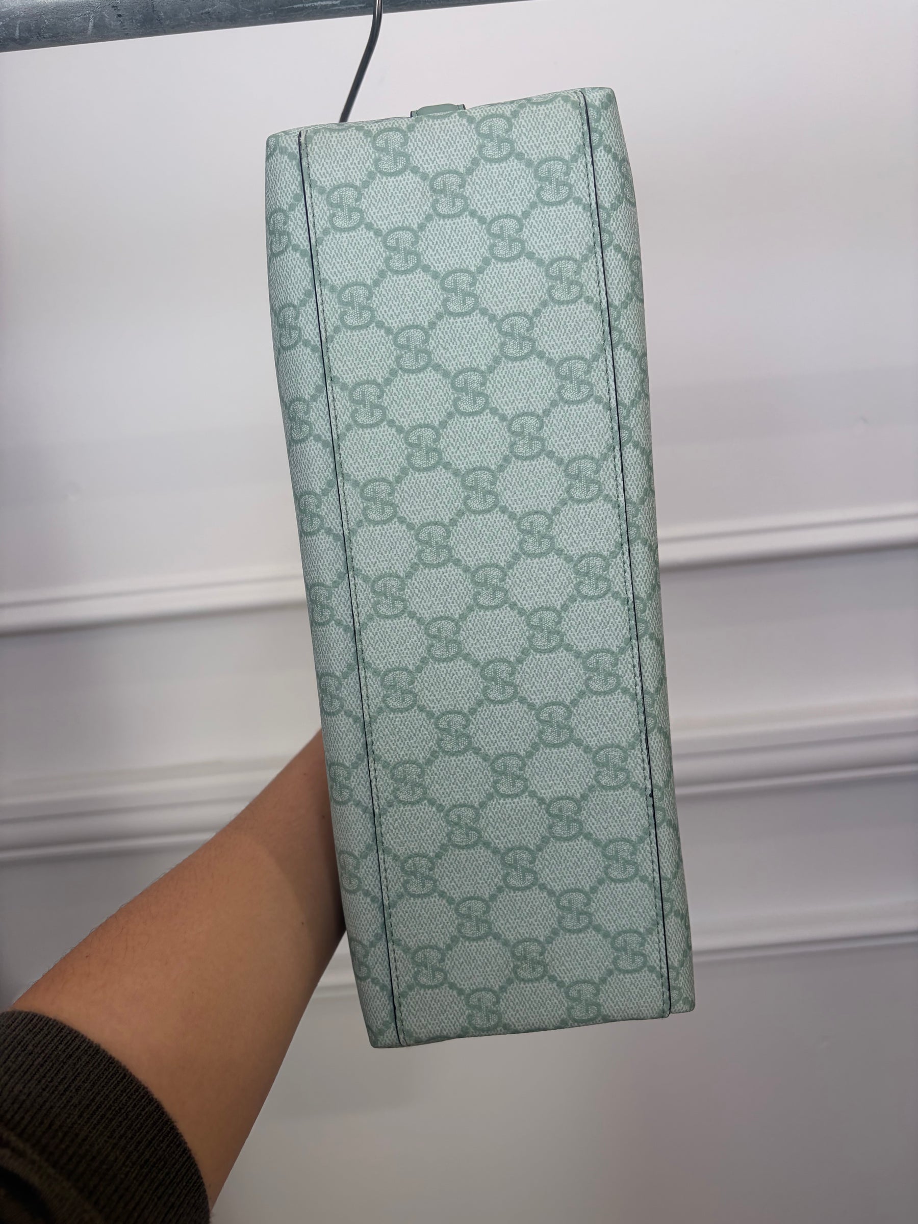 Gucci Sage Green GG Monogram Emblem Small Tote with Dog Charm