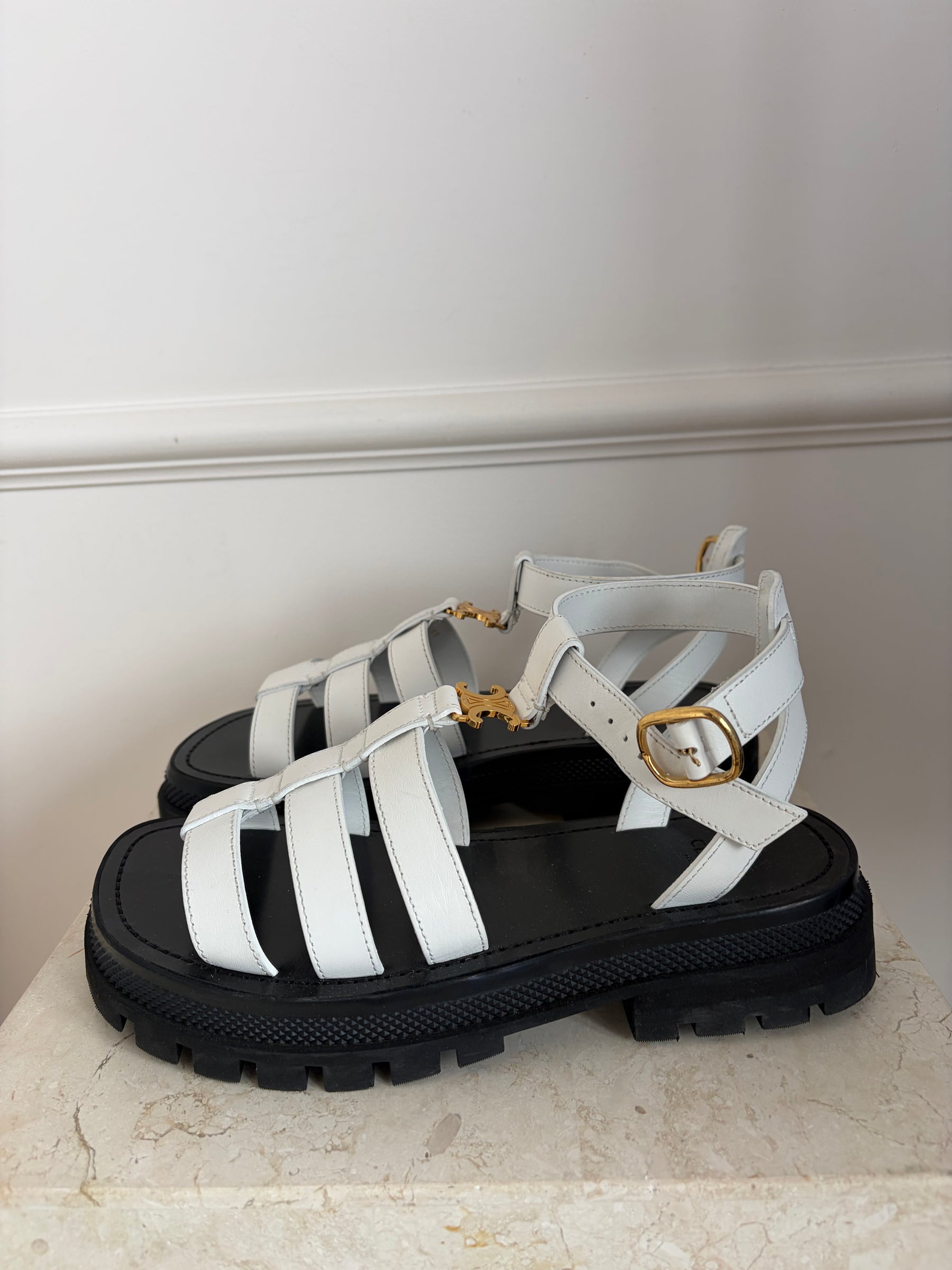 Celine Triomphe Clea White Leather Sandals, 37