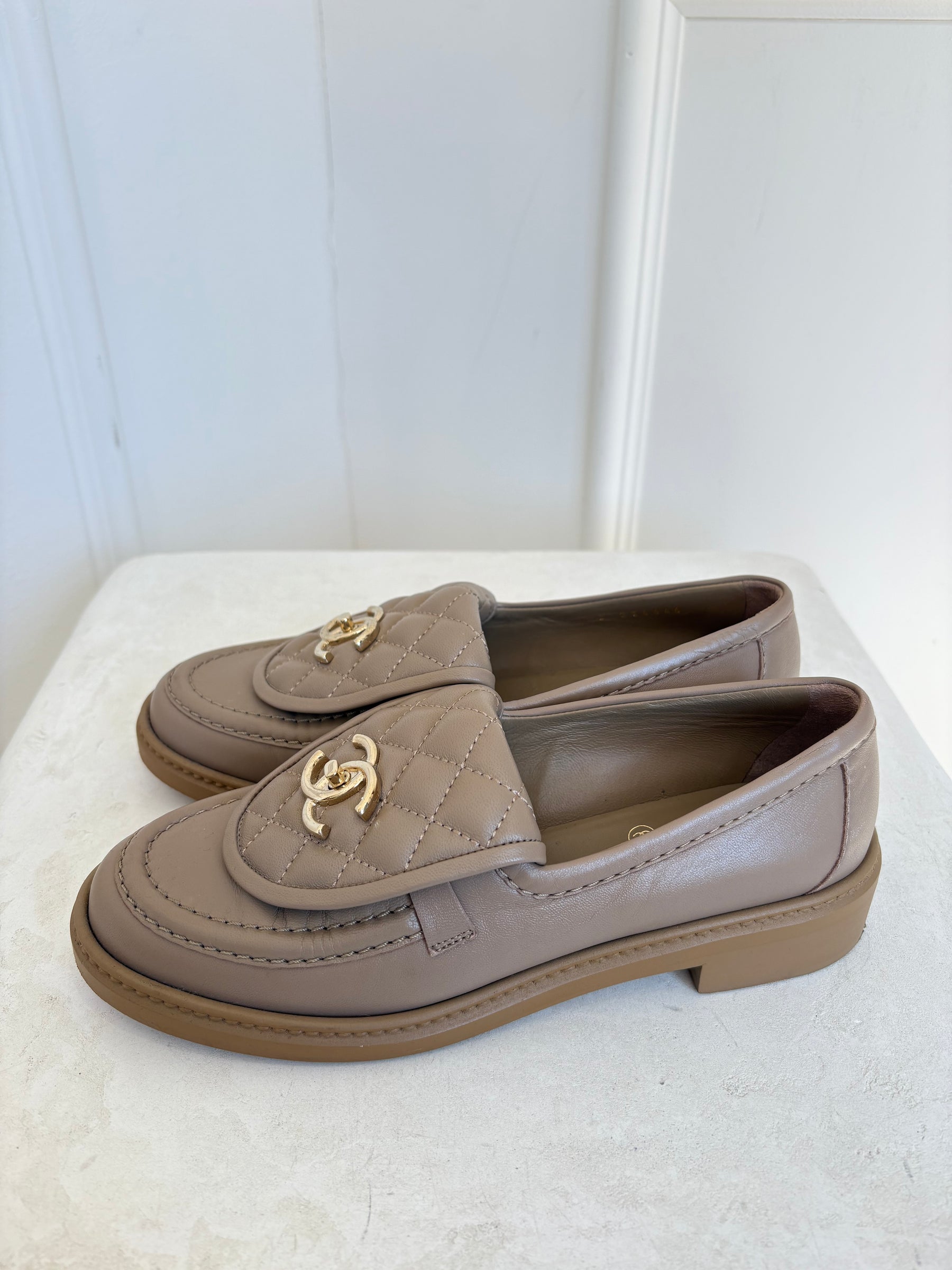 Chanel Dark Beige CC Turn Lock Loafers, 36.5 C