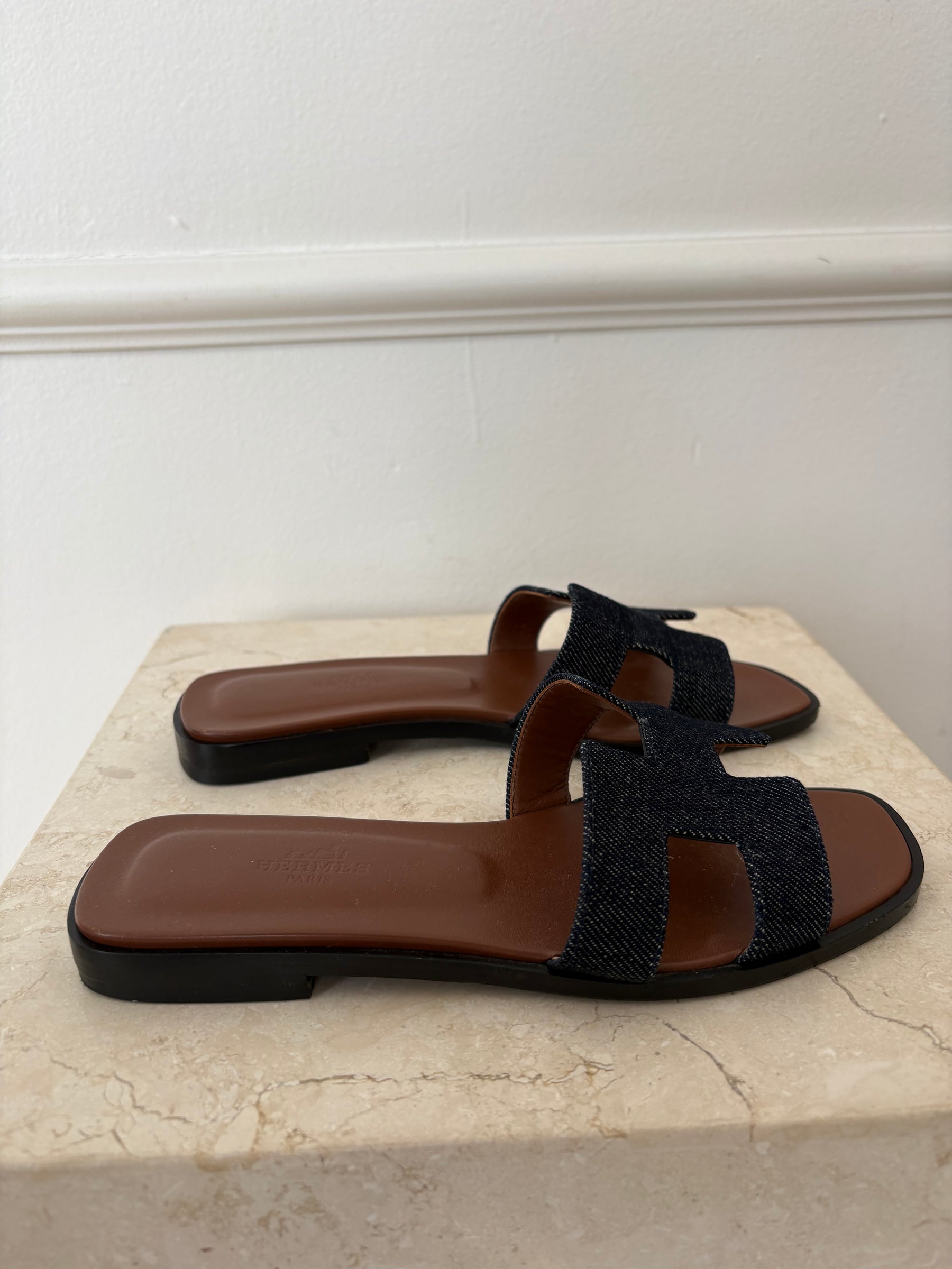 Hermès Indigo Denim Oran Slides, 36