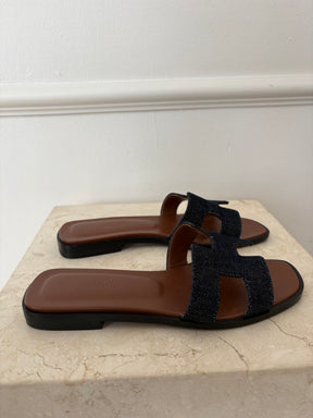 Hermès Indigo Denim Oran Slides, 36