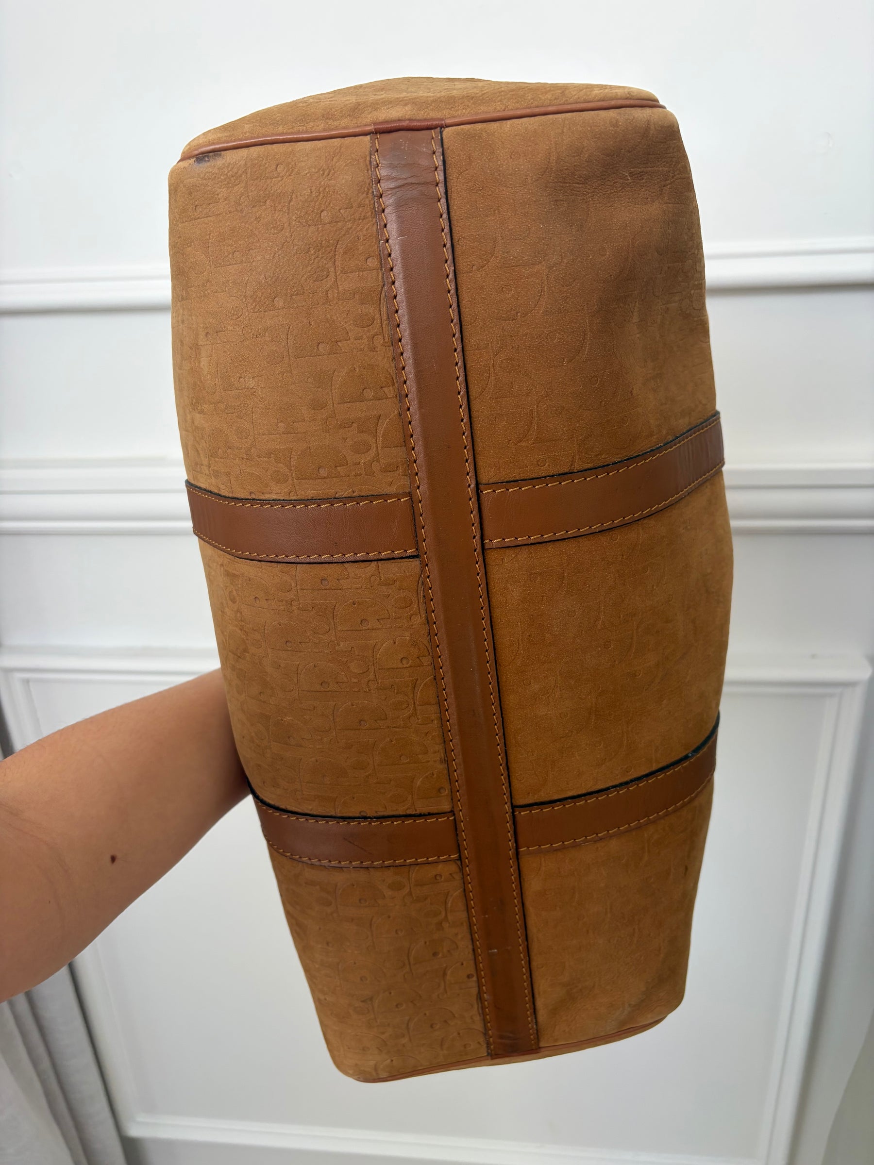 Dior Tan Nubuck Oblique Monogram Embossed Boston Bag