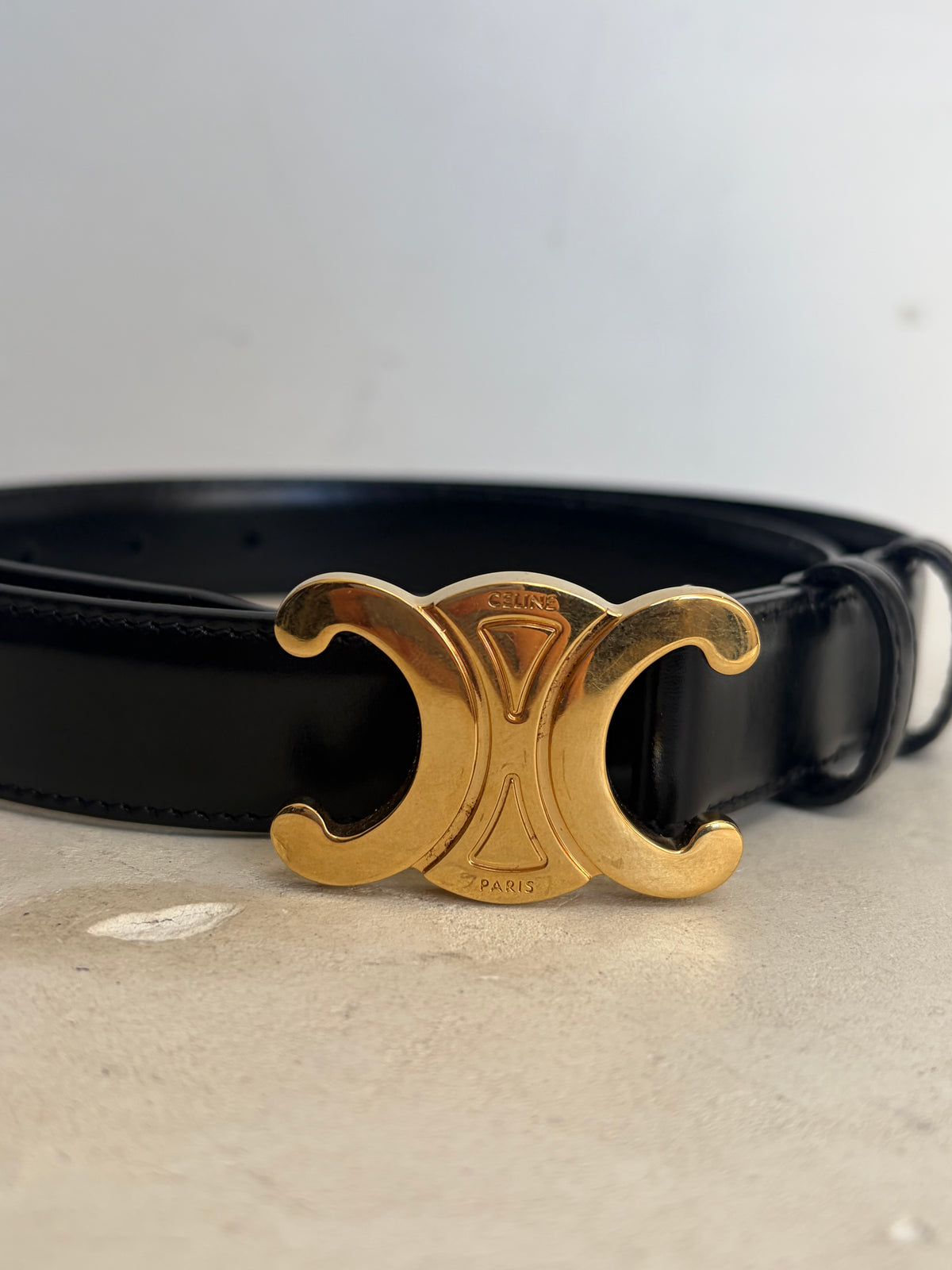 Celine Triomphe Black Leather Belt Gold HW, 80