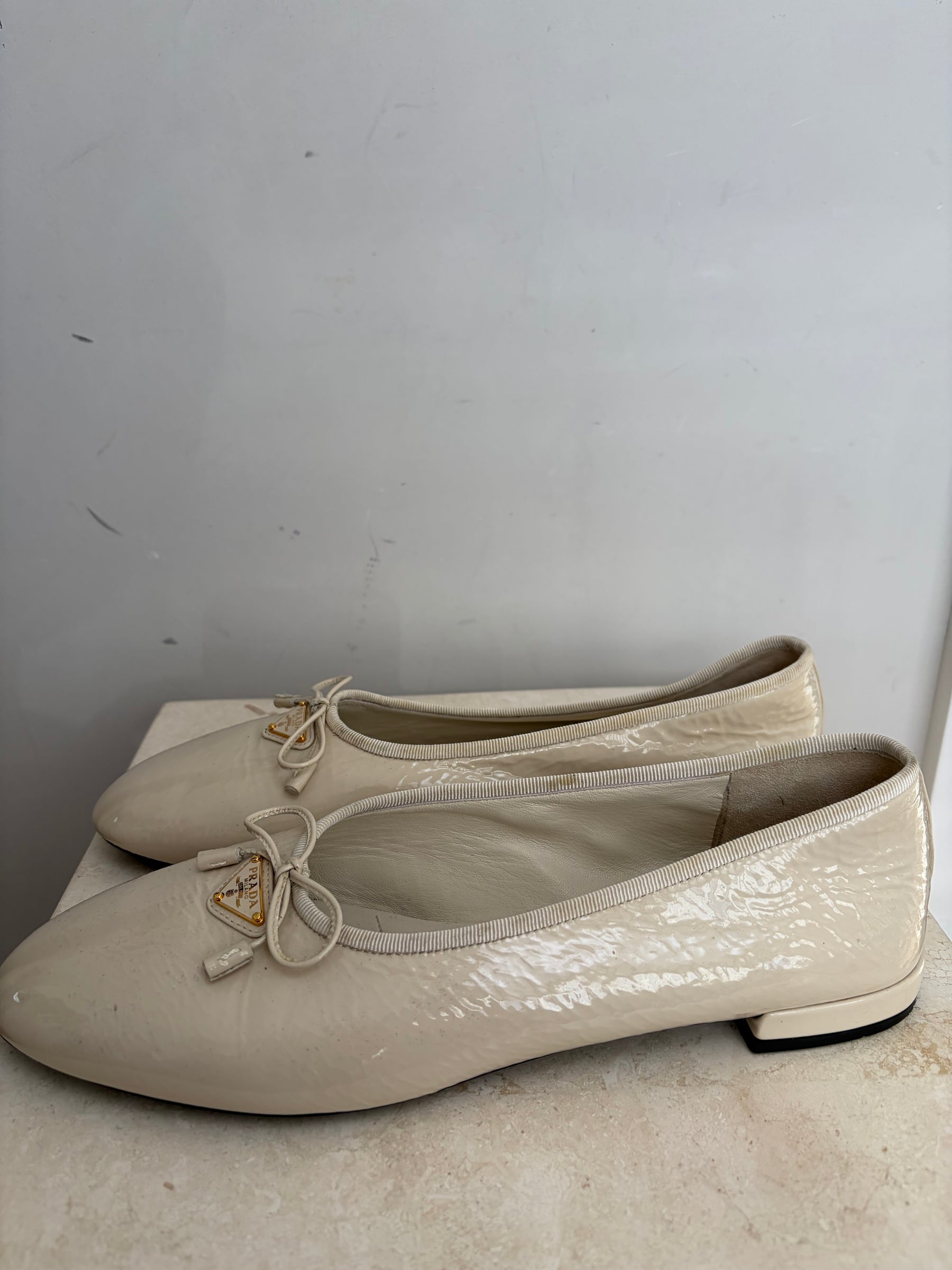 Prada Cream Patent Ballet Flats, 40
