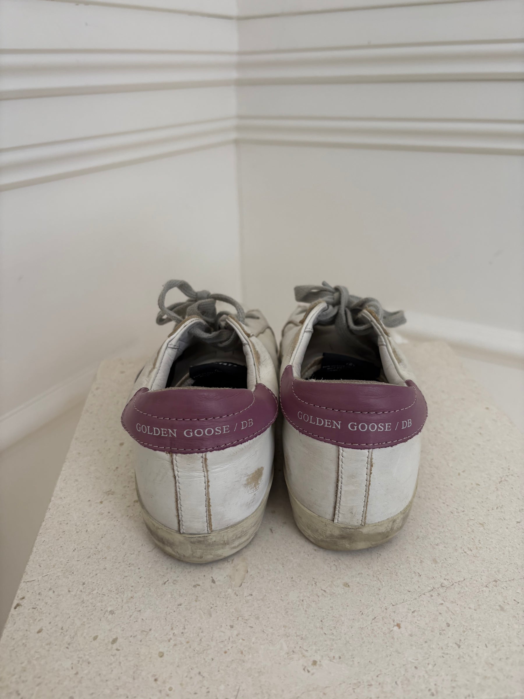 Golden Goose White and Purple Superstar Sneakers, 37