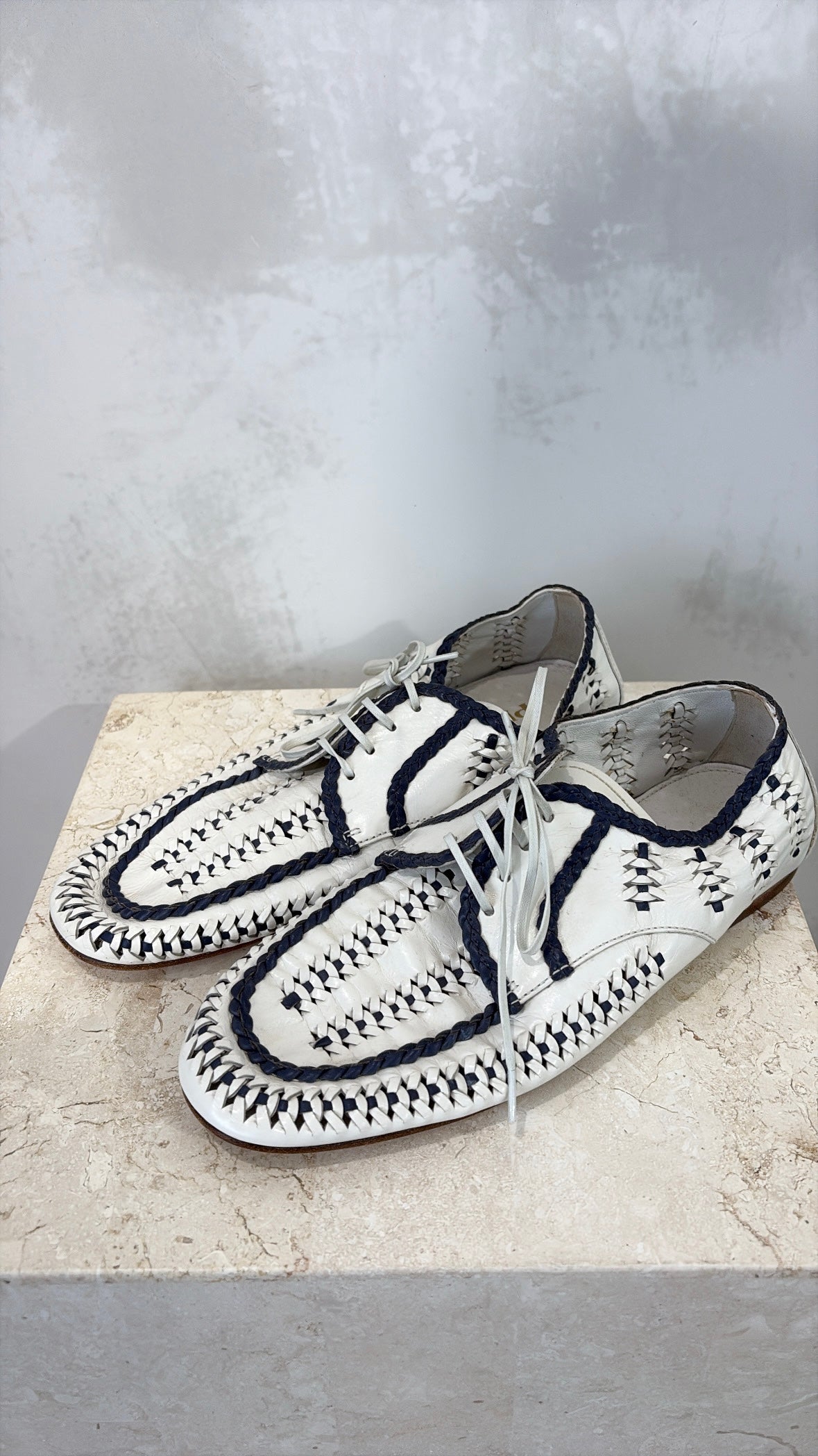 Prada Leather Lace Ups White and Navy, 40