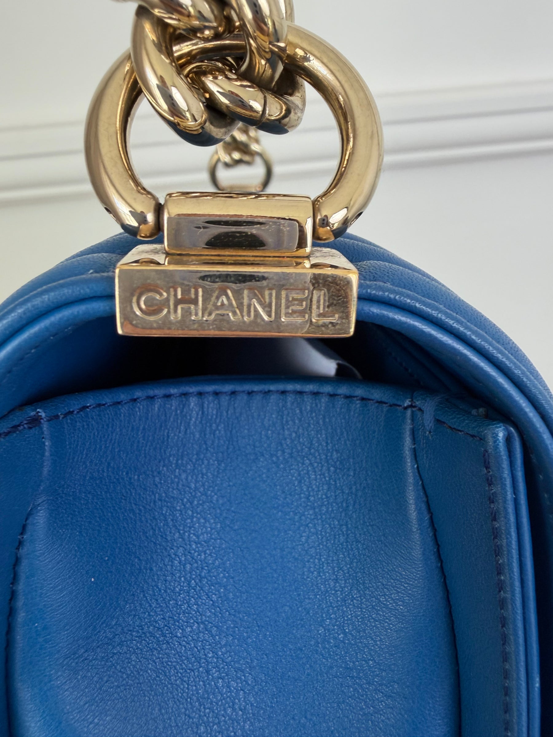 Chanel Blue Lambskin Leather Old Medium Boy Bag