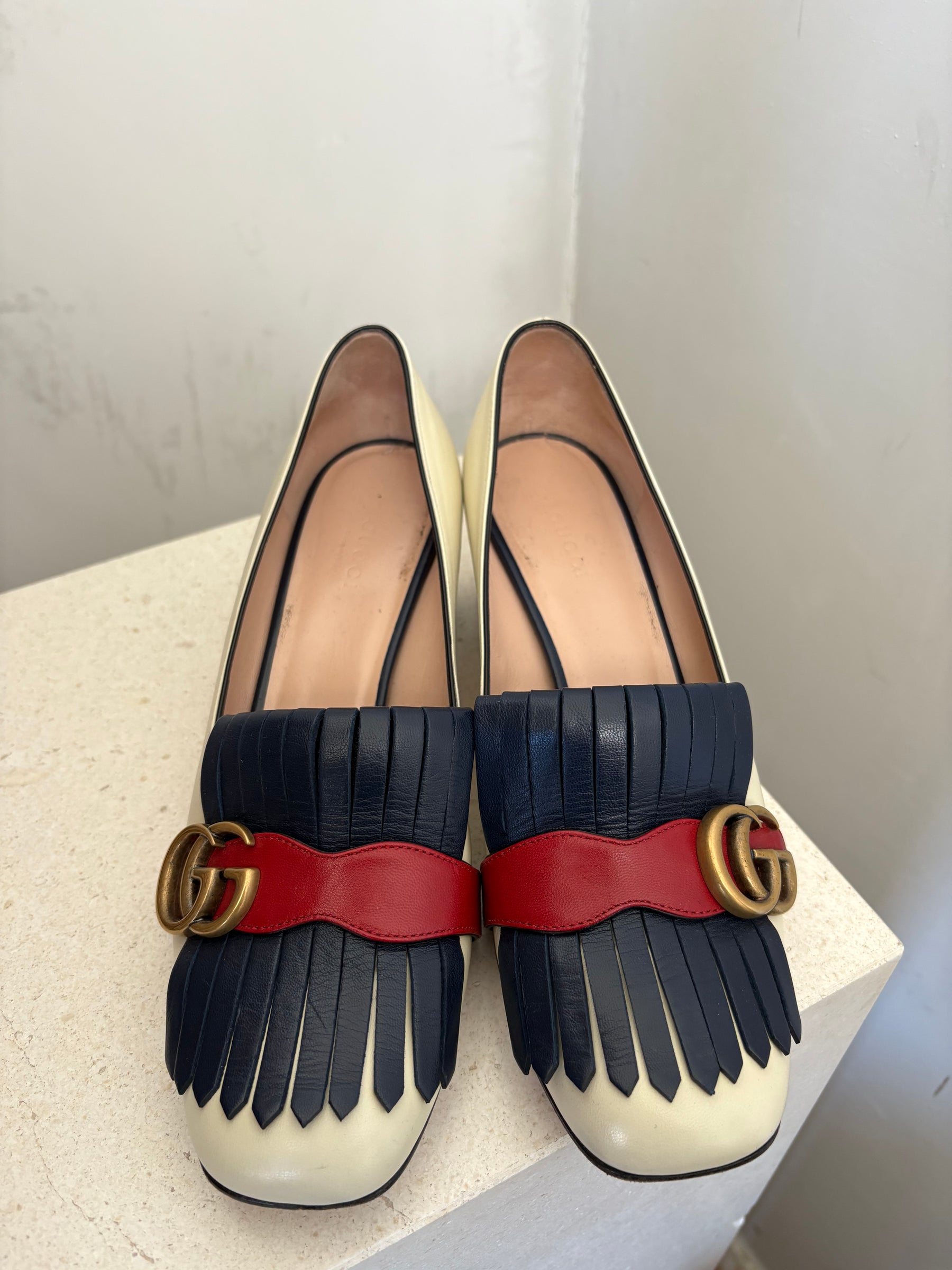 Gucci Marmont Pumps White Blue Red Fringe Detail, 39.5