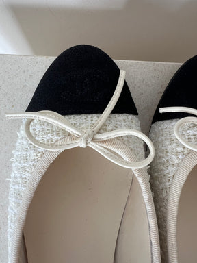 Chanel Cream Tweed Logo Ballet Flats, 37C
