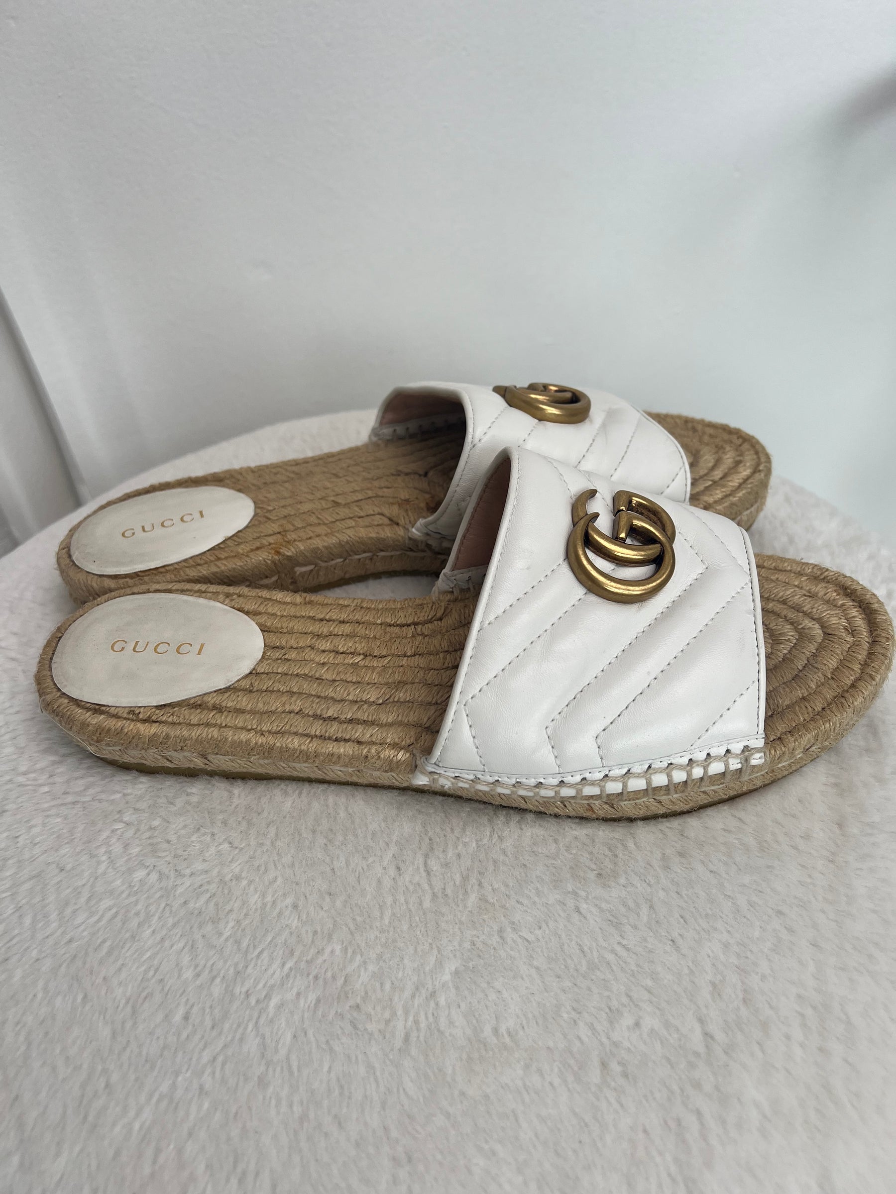 Gucci White Marmont Espadrille Slide, 40.5