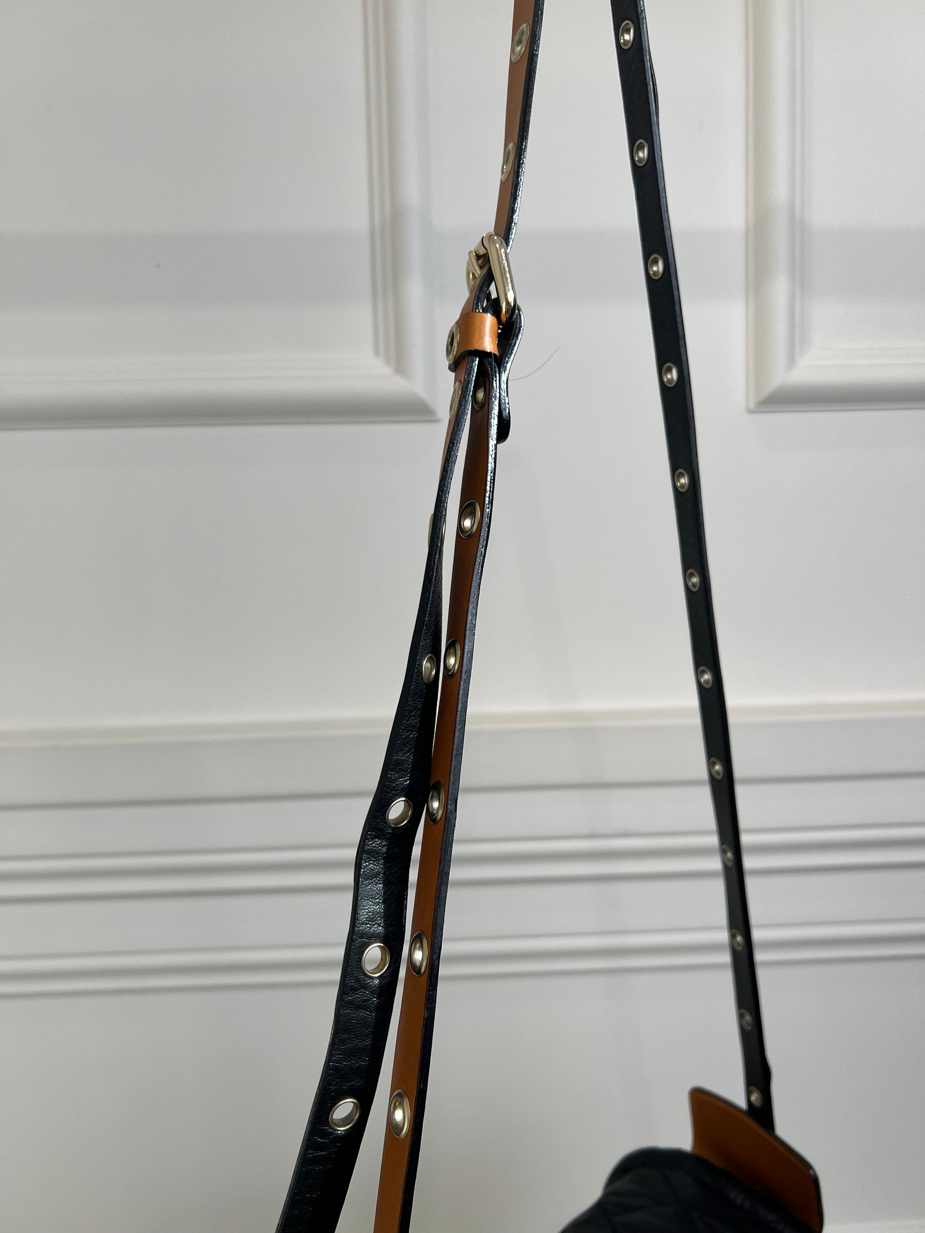 Sonia Rykiel Black Padded Tan Studded Strap Crossbody Bag