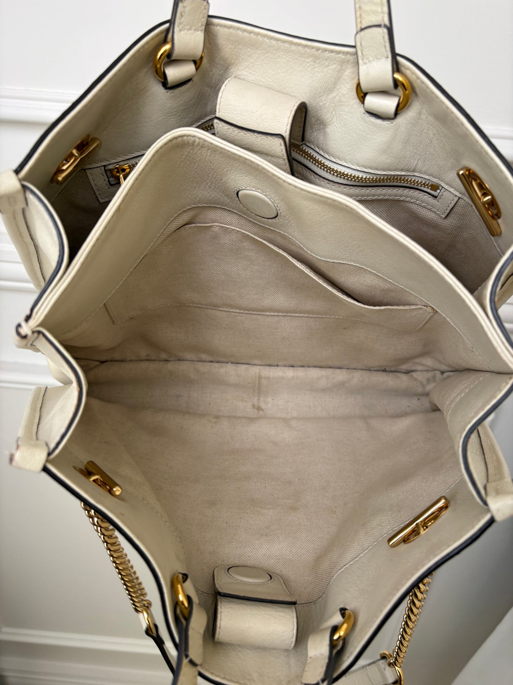 Gucci Cream Leather Horsebit 1995 Medium Chain Tote