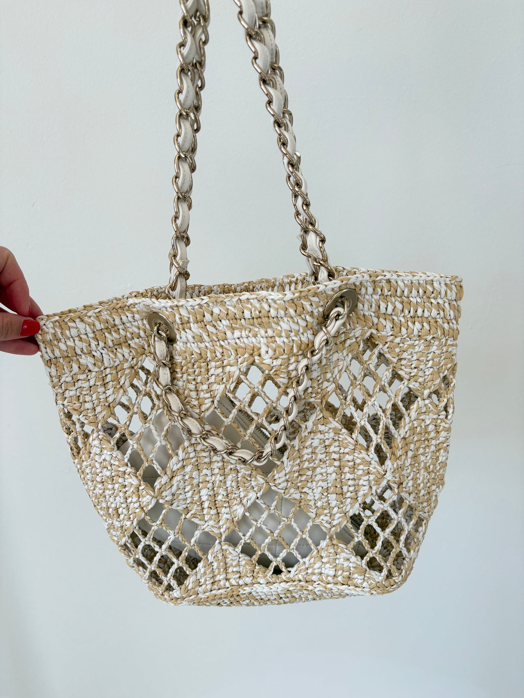 Chanel Natural and White Raffia Chain Leather Tote Bag