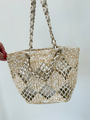 Chanel Natural and White Raffia Chain Leather Tote Bag