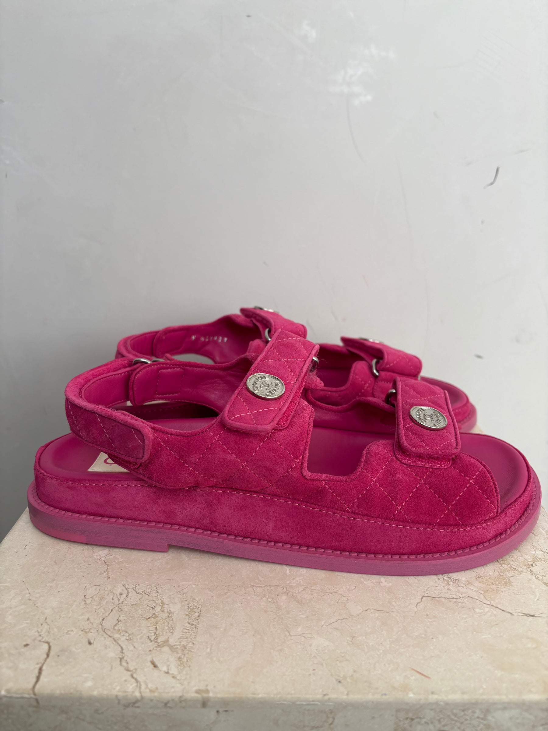 Chanel Pink Suede Quilted Dad Sandals, 40.5C