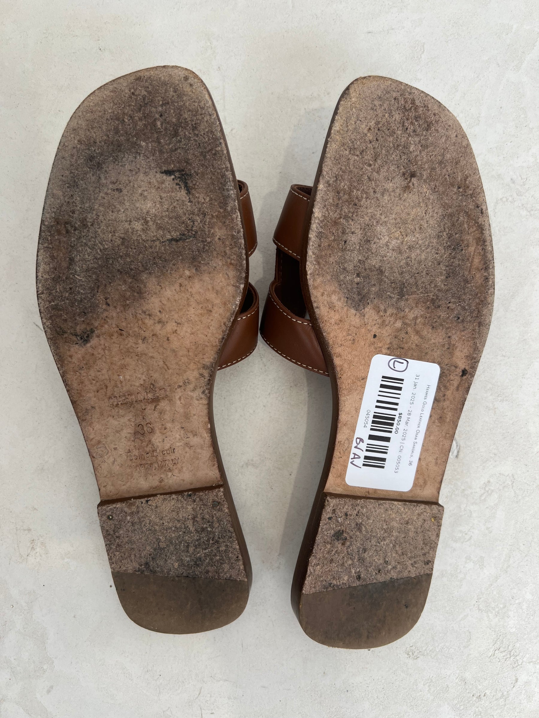 Hermès Gold Leather Oran Sandals, 36