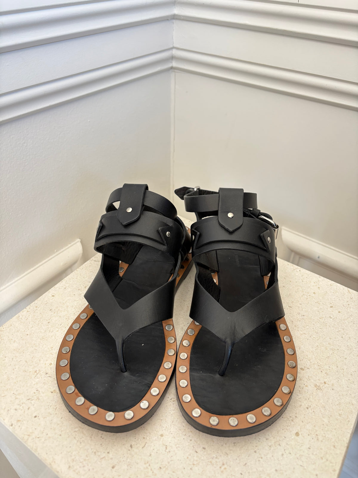 Isabel Marant Black Leather Studded Thong Sandals, 37