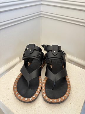 Isabel Marant Black Leather Studded Thong Sandals, 37
