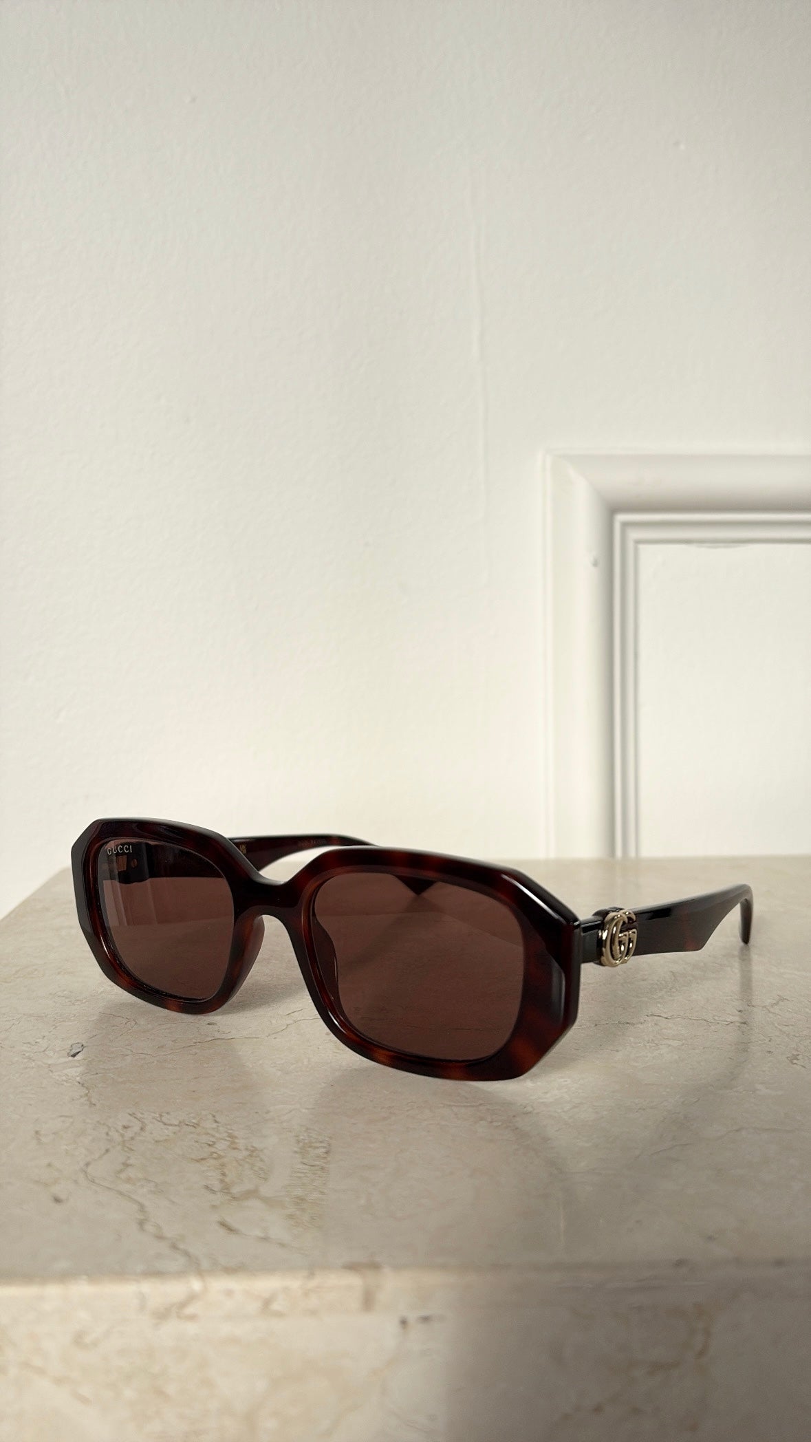 Gucci Tortoishell Slim Rectangular Sunglasses