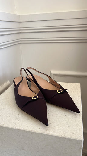 Scanlan Theodore Aubergine Satin Pointed Slingbacks, 41