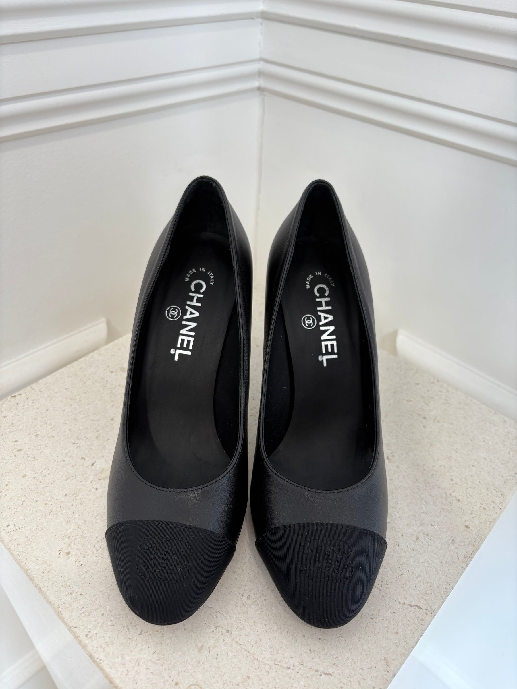 Chanel Black Leather Pearl Heel Pump, 38.5 C