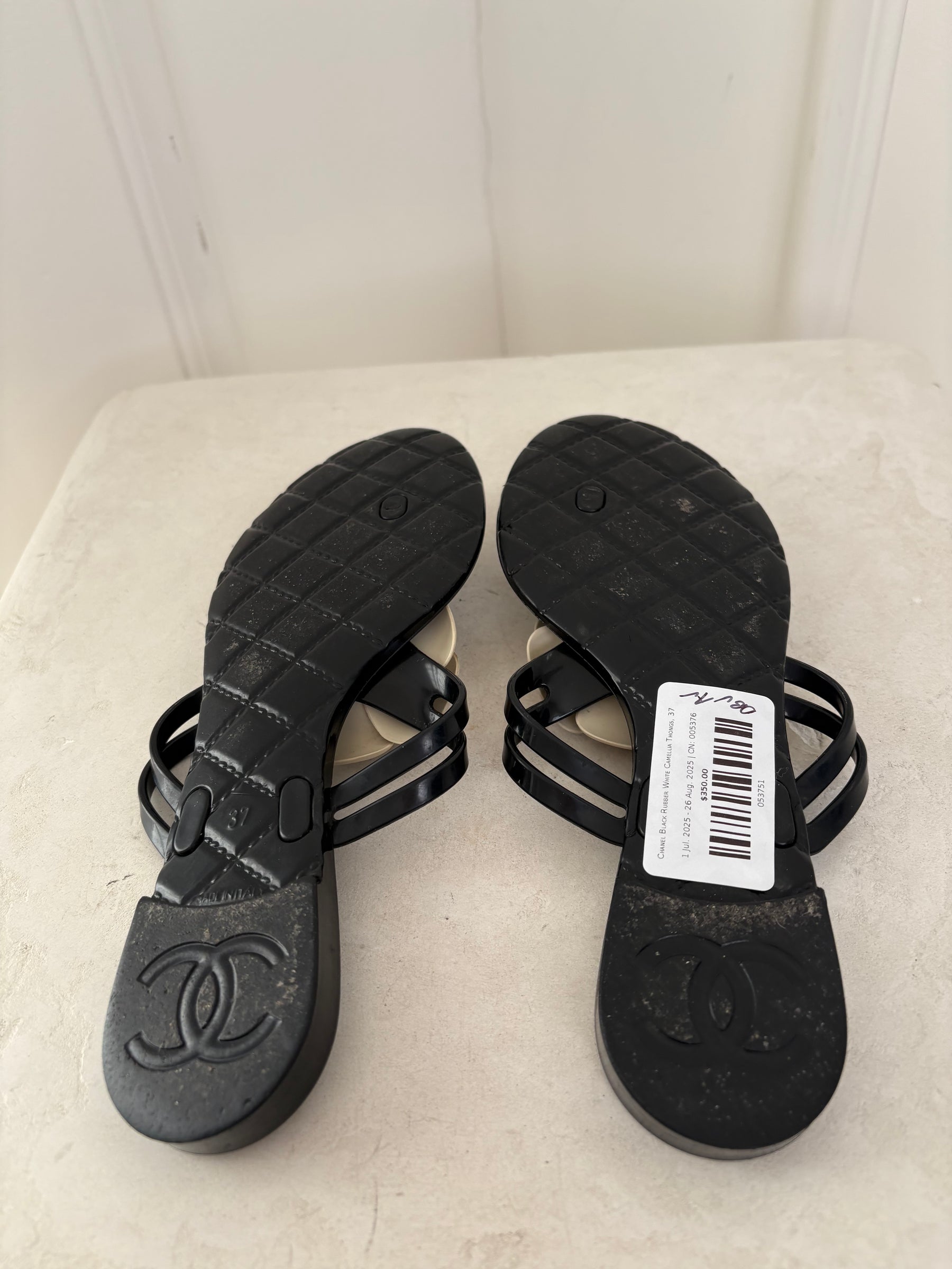 Chanel Black Rubber White Camellia Thongs, 37