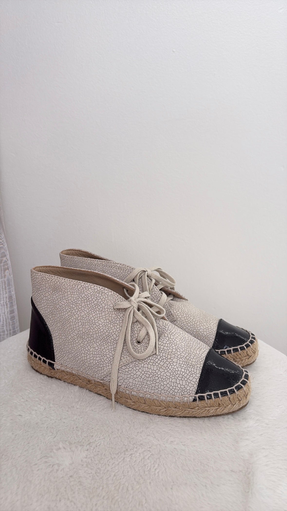 Chanel Ecru Lace Up Espedrilles With Pantent Toes, 37