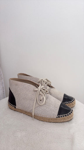 Chanel Ecru Lace Up Espedrilles With Pantent Toes, 37