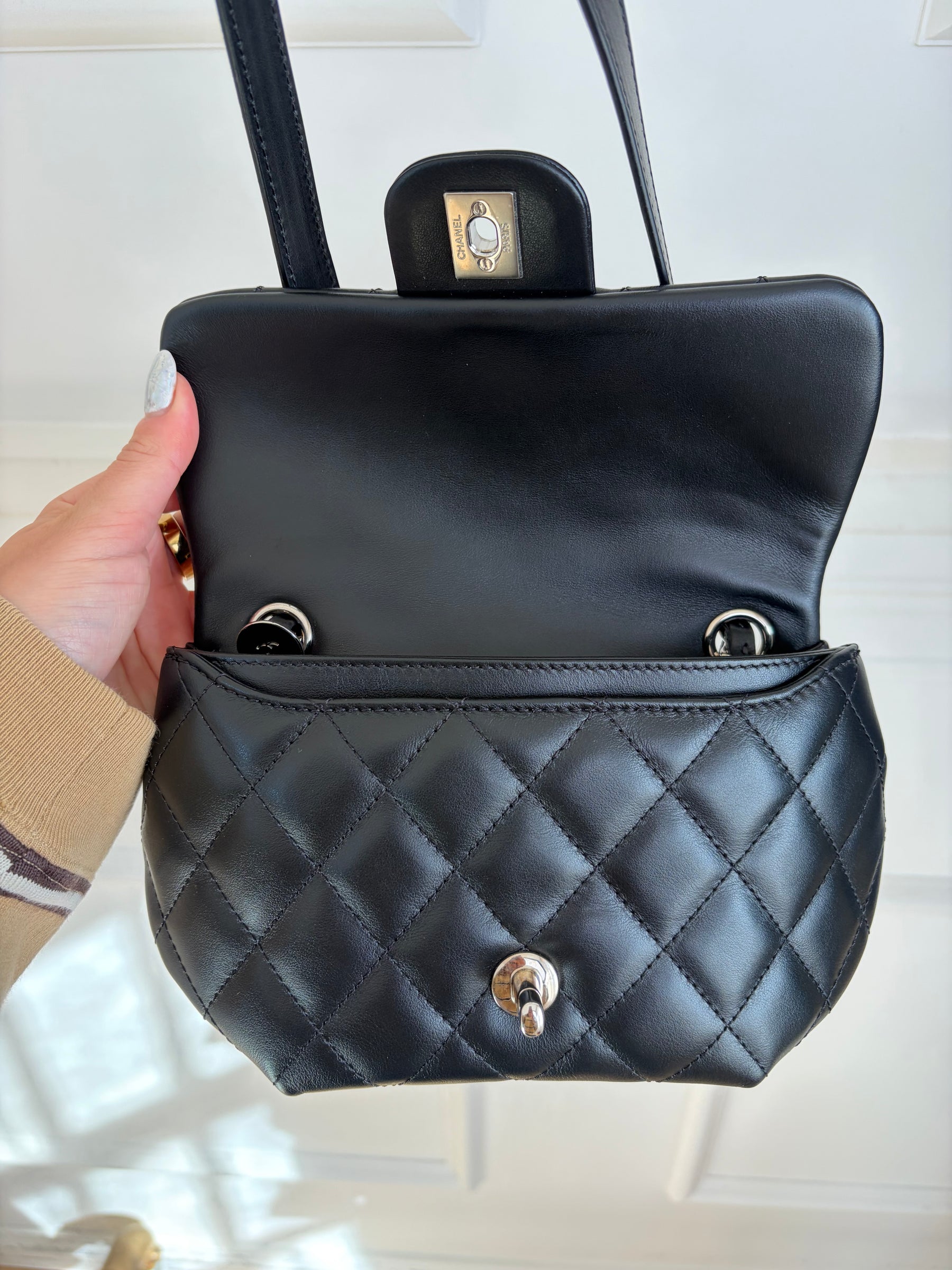 Chanel Uniform Black Lambskin Leather Waist Bag