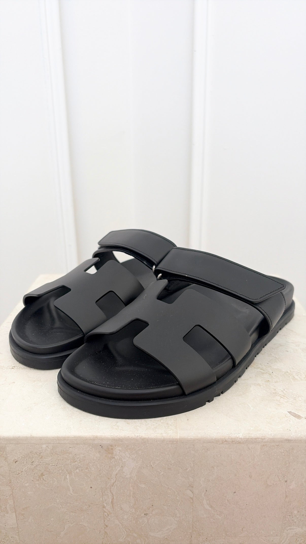 Hermès Black Leather Chypre Sandals, 38.5