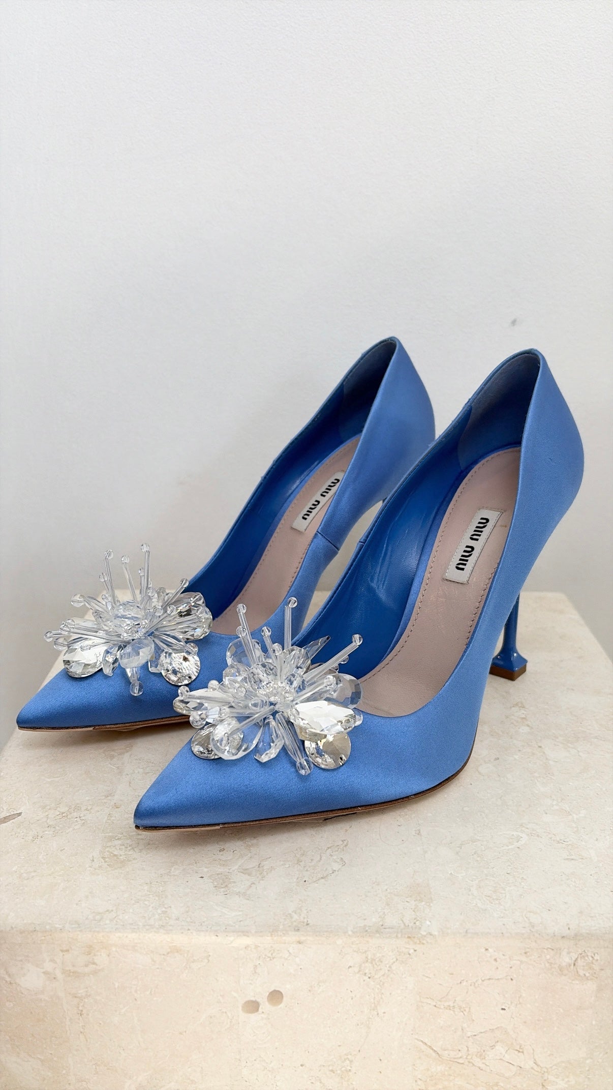 Miu Miu Embellished Satin Mules Blue, 39.5