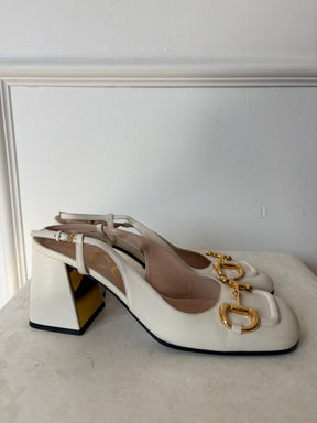 Gucci White Horsebit Slingback Block Heel Pumps, 39