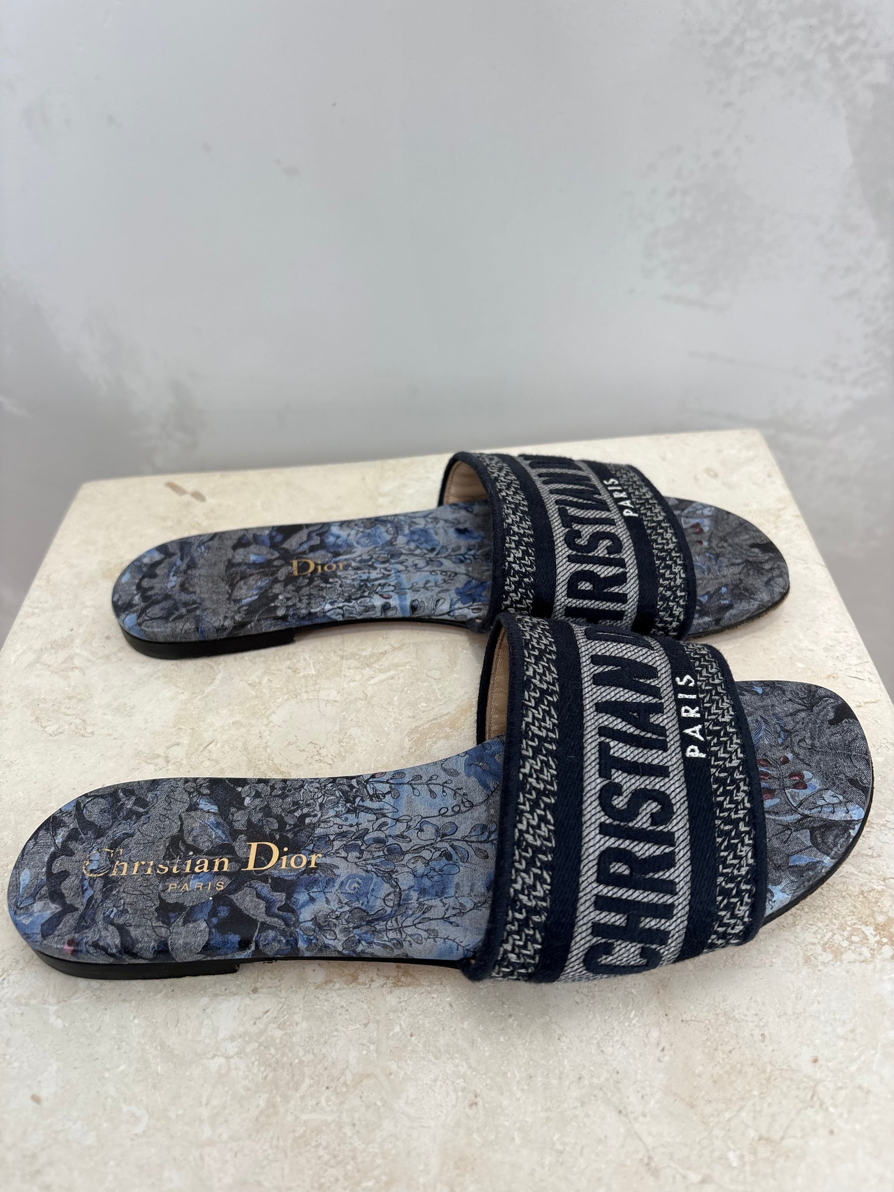 Dior Navy Embroidered D Way Slides, 35.5