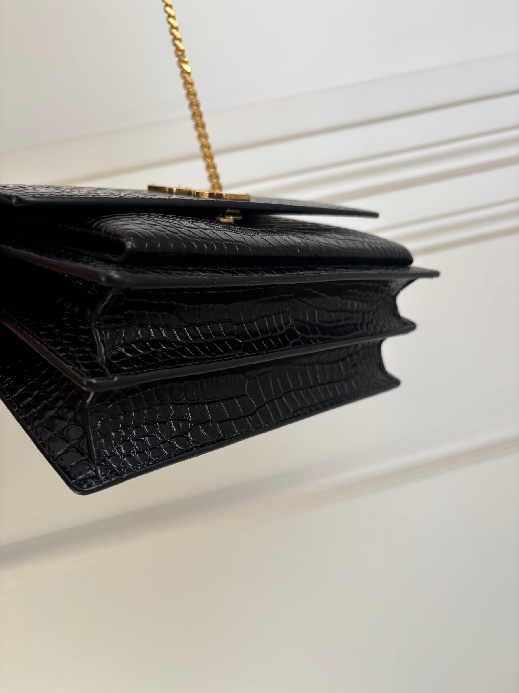 Saint Laurent Black Croc Embossed Sunset Bag