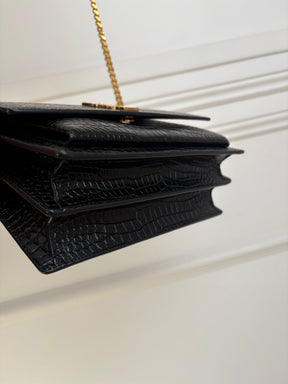 Saint Laurent Black Croc Embossed Sunset Bag