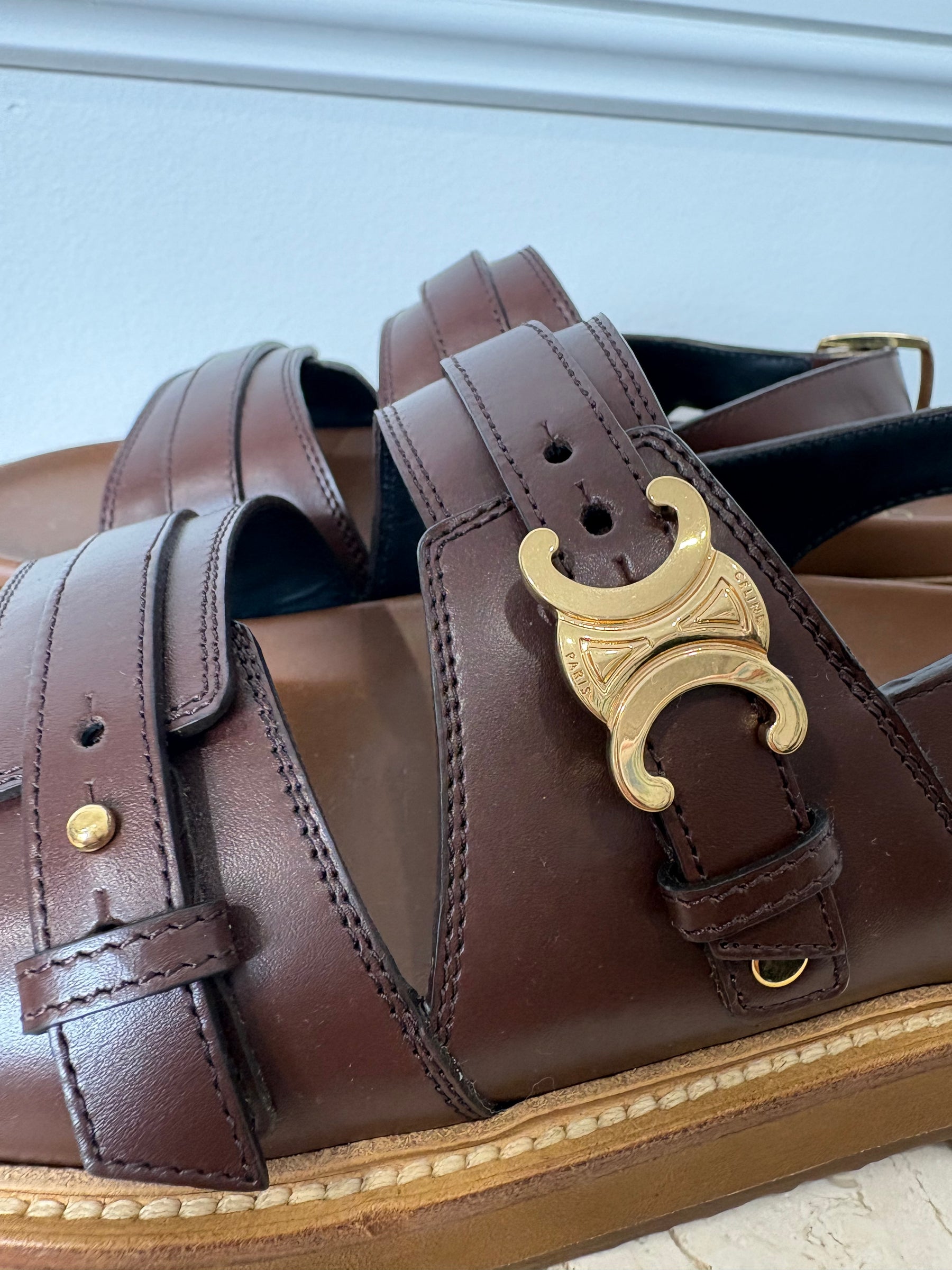 Celine Tippi Triomphe Sandals In Dark Brown, 38