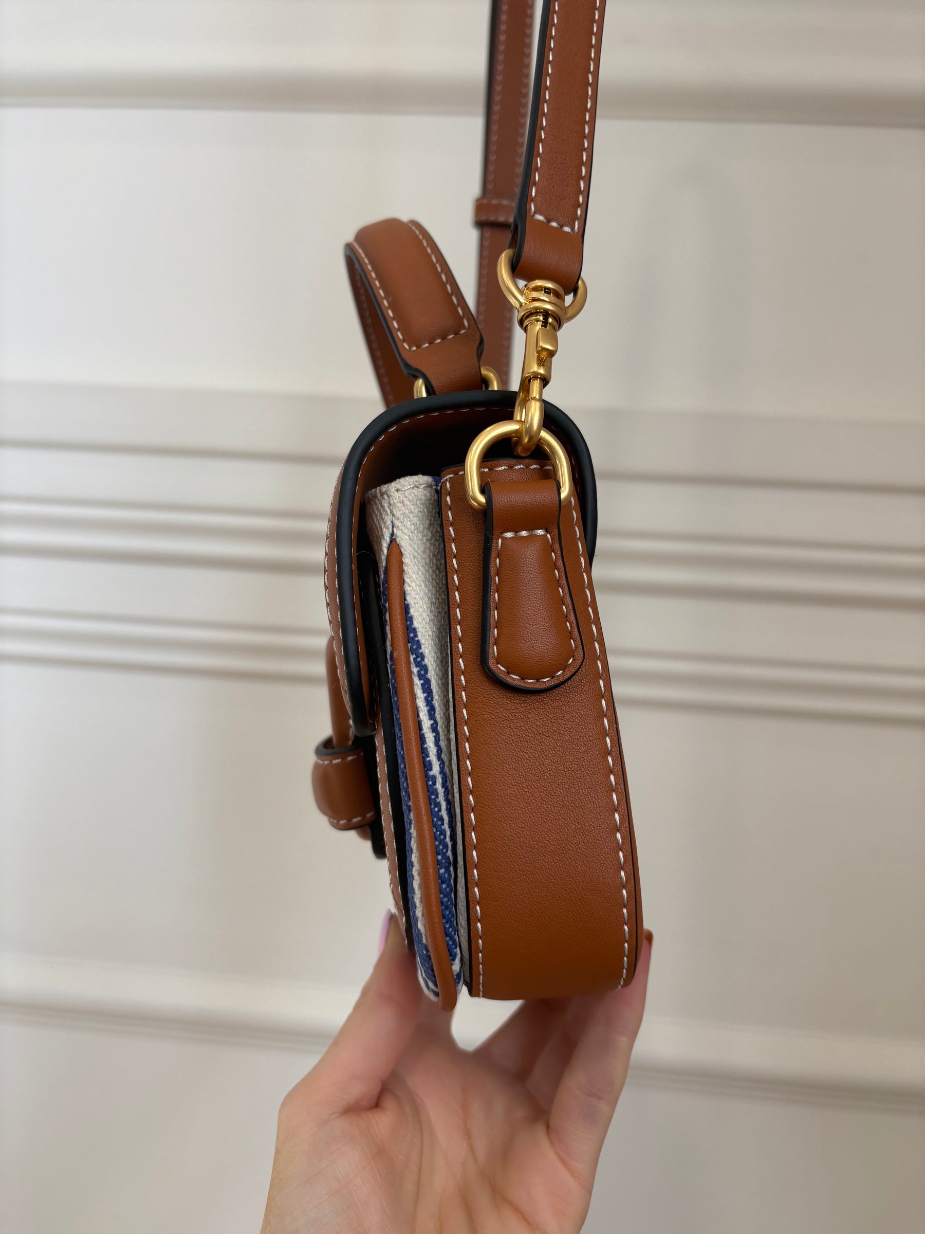 Oroton Blue and White Canvas with Tan leather Top Handle Bag