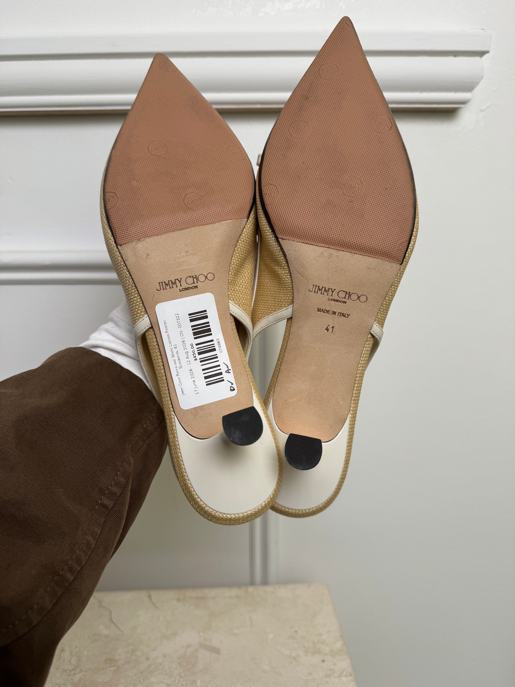 Jimmy Choo Raffia and White Leather Pointed Slingbacks, 41