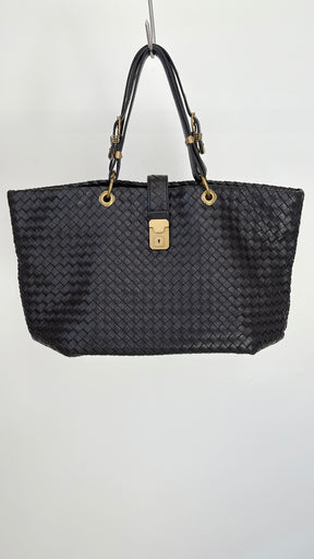 Bottega Veneta Black Intrecciato Leather Buckle Tote