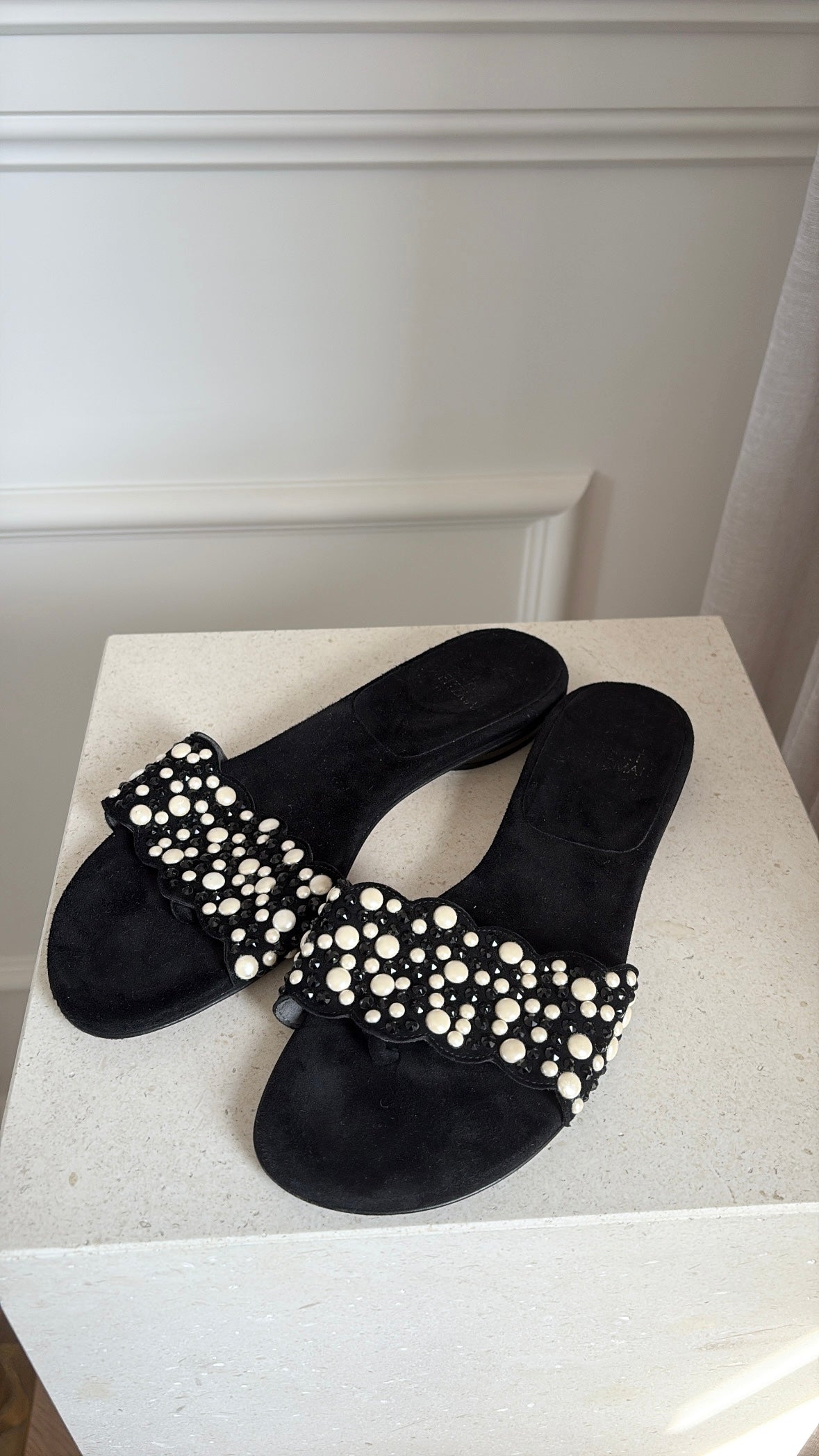 Stuart Weitzman Black Suede Crystal Slides, 38