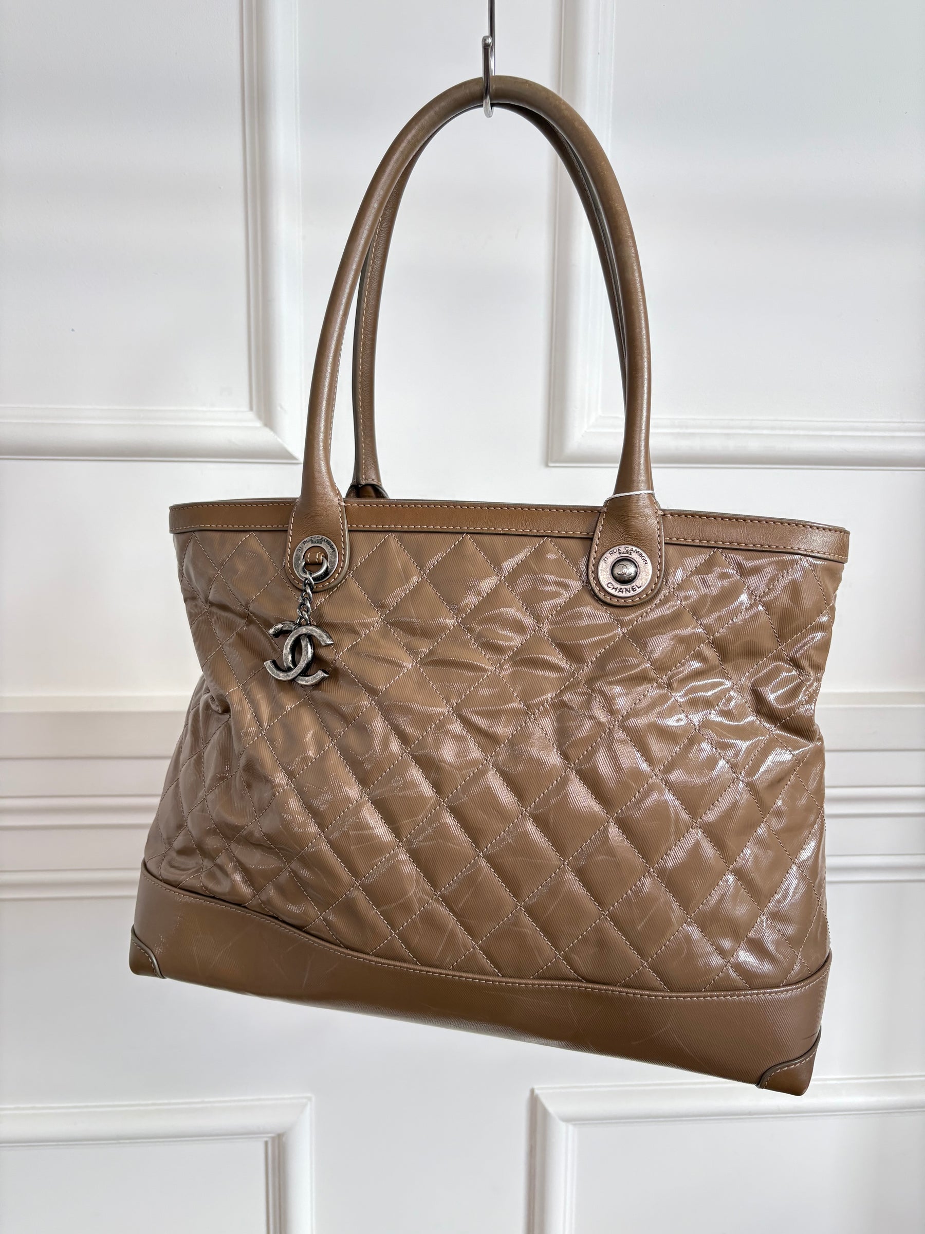Chanel Taupe Quilted Coated Canvas Shoulder Tote